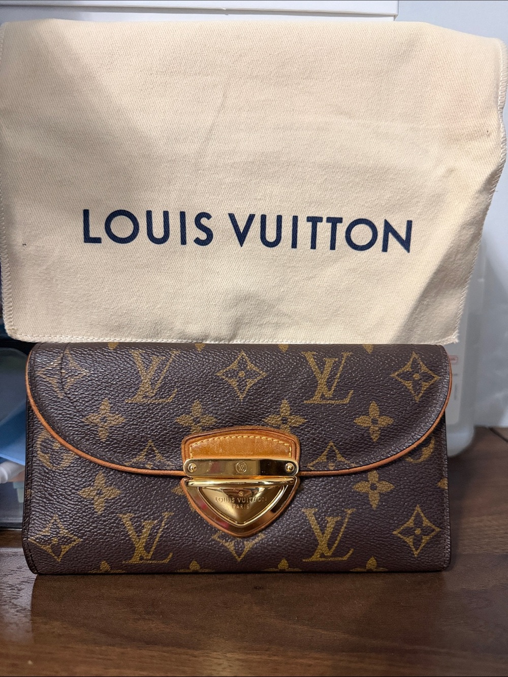 Louis Vuitton Monogram Canvas Clutch in Brown and Tan with Gold Hardware